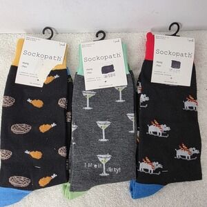 Sockopath Men's Socks Lot - 3 Pairs Chicken Wing Martini Black Fun Gift SZ 6-12